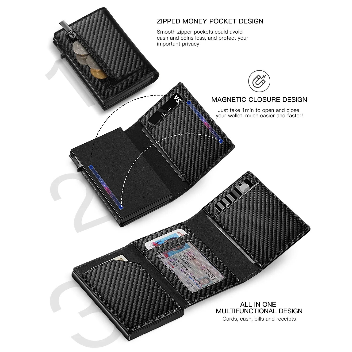 Men's Carbon Fiber Magnetic Card Holder PU Leather RFID Three-fold Automatic Card Holder With Zipper Coin Purse AirTag Wallet