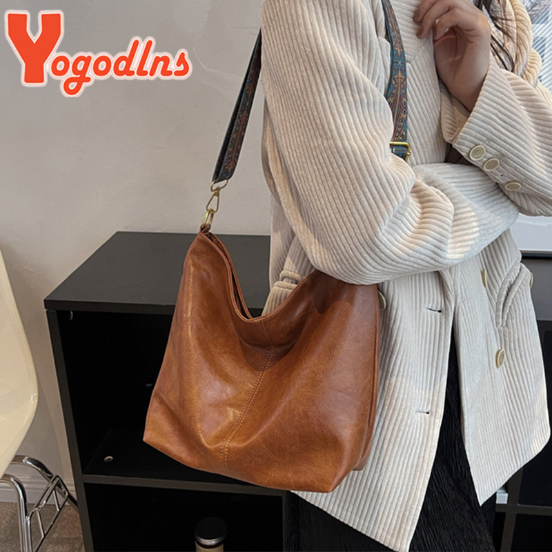 Yogodlns Vintage Shoulder Bag For Women PU Leather Bucket Bag Luxury Style Crossbody Bag Lady Messenger Bag Shopping Tote Purse