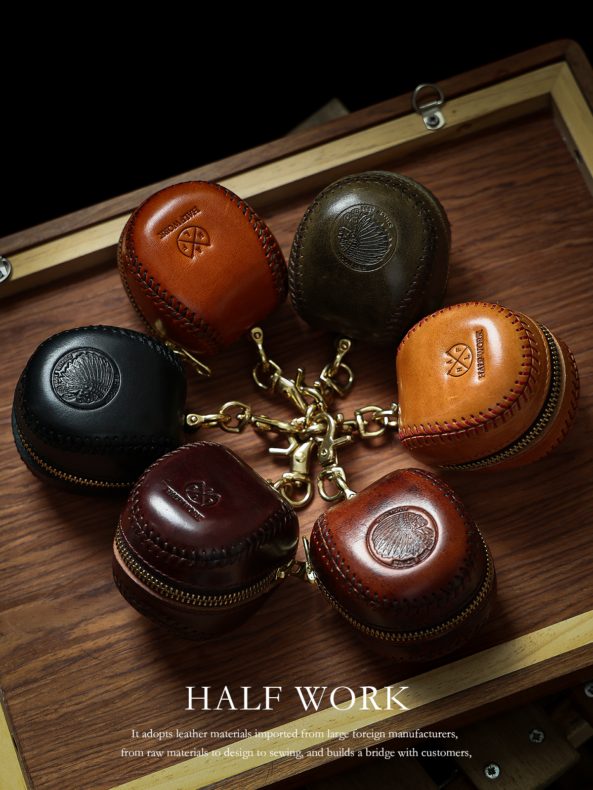 Handmade Vintage Vegetable Tanned Cowhide Leather Baseball Coin Purses Luxury Genuine Leather Zipper Key Holder Earphone Bag