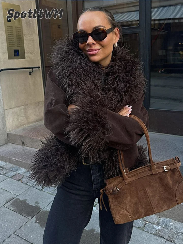 Vintage Coffee Faux Fur Spliced Coats Women Fashion Lapel Long Sleeve Thick Warm Jacket Autumn Winter Female Warm Streetwear 241107