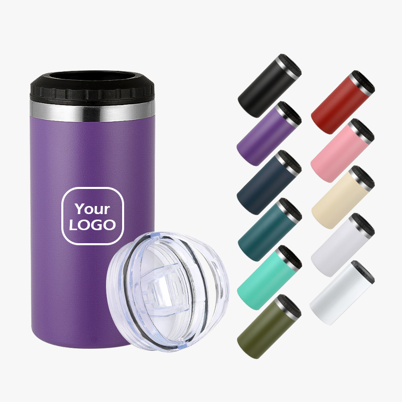 4 in 1 16oz Can Cooler Straight Tumbler Stainless Steel Can Insulator Vacuum Insulated Bottle Cold Insulation Can with 2 lids