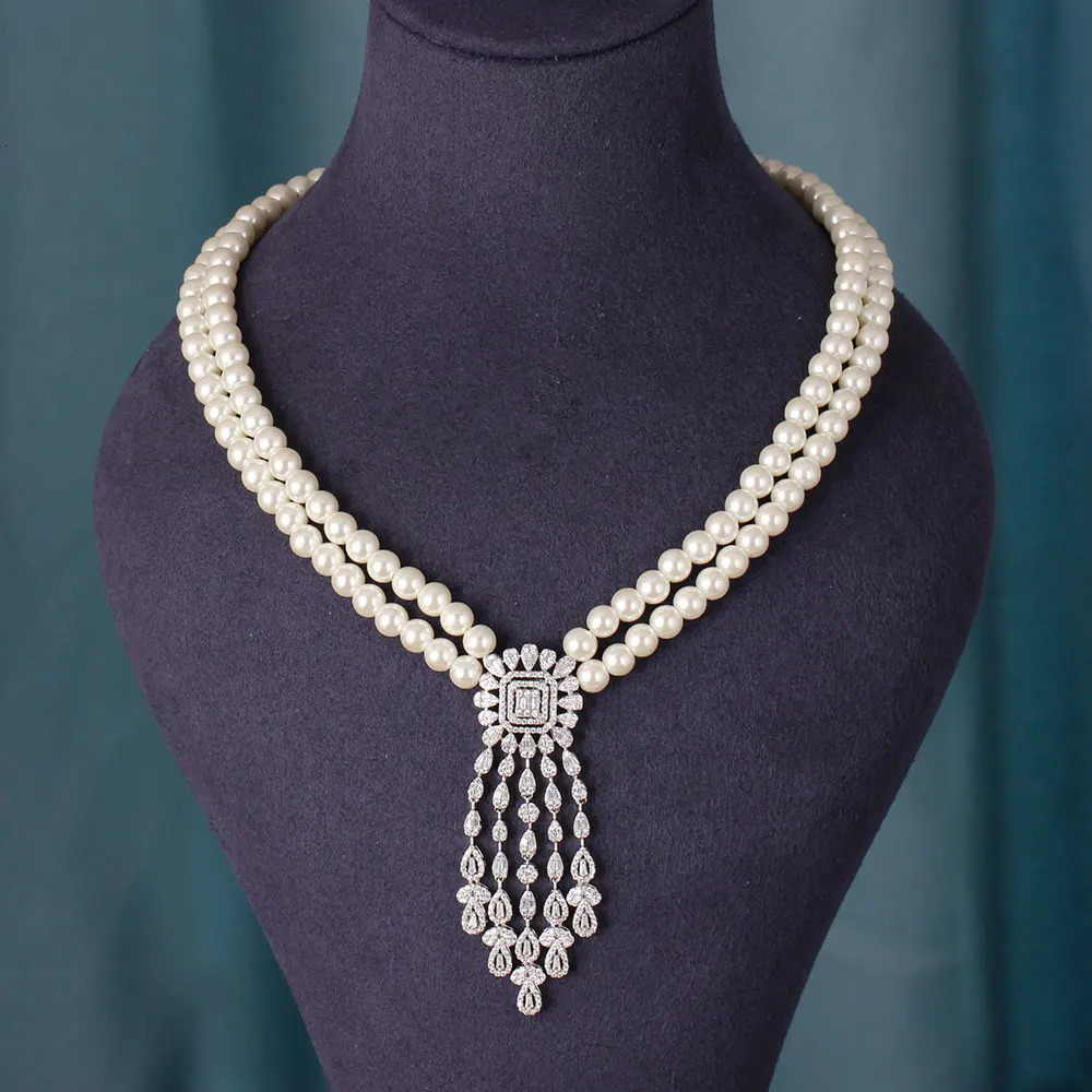 Trend Double Row Pearl Tassel Necklace Earrings 4-piece Womens Wedding Party Full Zircon Dubai Bridal Jewelry Set Gift 241106