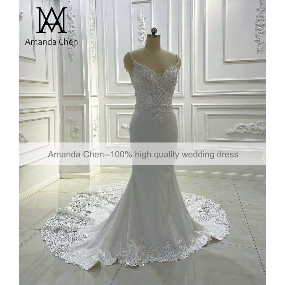 Beach Casual Spaghetti Straps Lace Appliqued Simple Wedding Dress