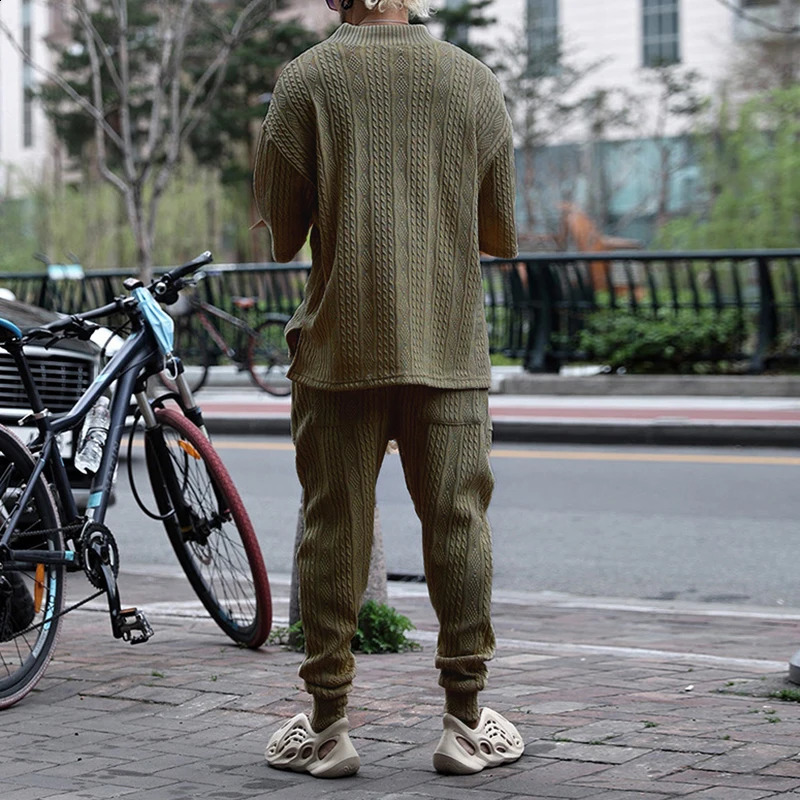 Vintage Knitted Two Piece Mens Set Fashion Loose Solid Short Sleeve V Neck Sweater Tops And Pants Men Suits Casual Knit Outfits 240401