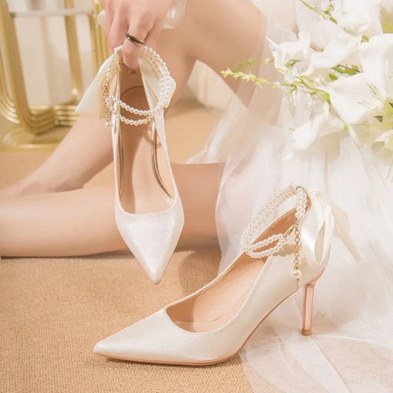 2024 Size 34-40 Stiletto Heel Point Toe Pearls Buckle Belt 9cm High Heel Ladies Bow Satin Fabric White Wedding Shoes Women Pumps 241106