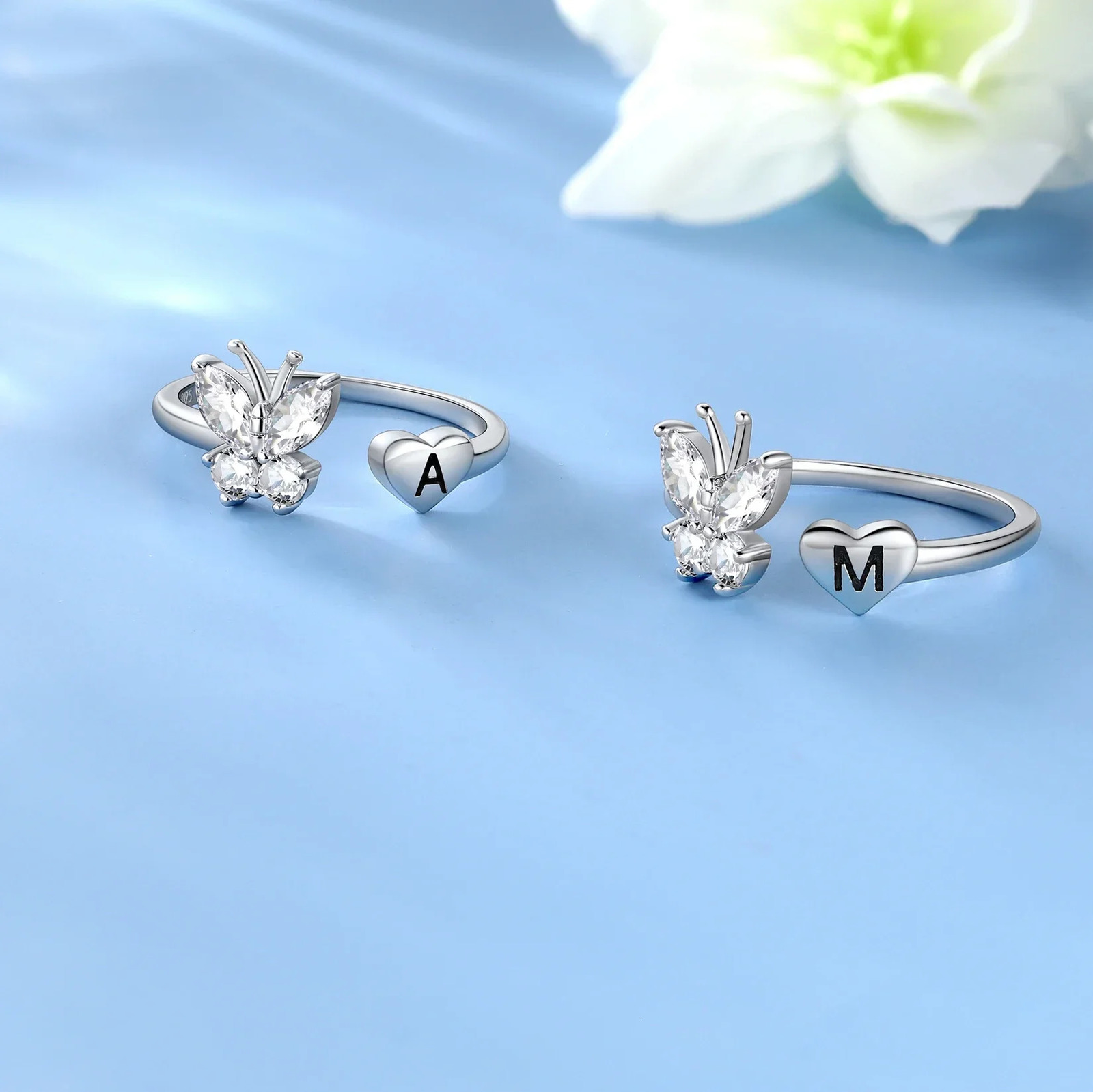 U7 925 Silver White Cz Butterfly Ring Cuff Suitable for Women Deep Carving Original Alphabet Customized Anniversary Birthday Gift 241106