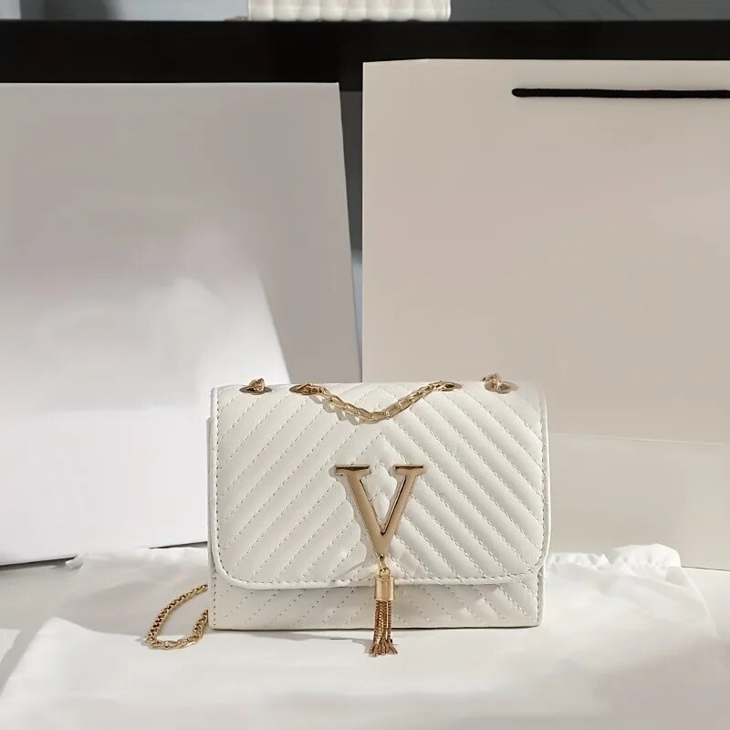 Fashion Chain Crossbody Bag, Women's Quilted Shoulder Bag, Luxury Tassel Decor Square Purse