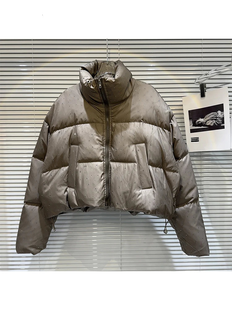 Winter womens vintage apron jacket Rhinestone inflatable jacket stand collar jacket thick warm ious aesthetic 241107