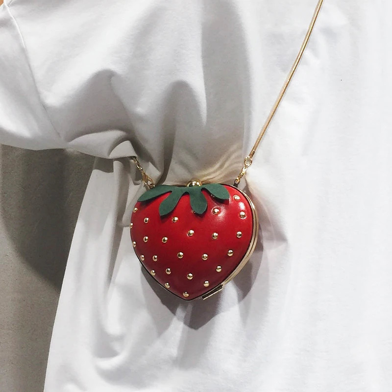 Cute fruit strawberry heart-shaped Pu rivet mini fashion womens chain wallet clutch bag shoulder bag handbag womens flip handbag Q5 241107