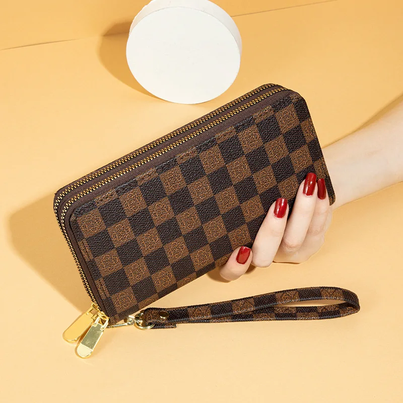 2022 New Vintage Trendy Large Capacity Wallet Women's Double Zip Phone Bag Checkered Printing Handbag European American Style