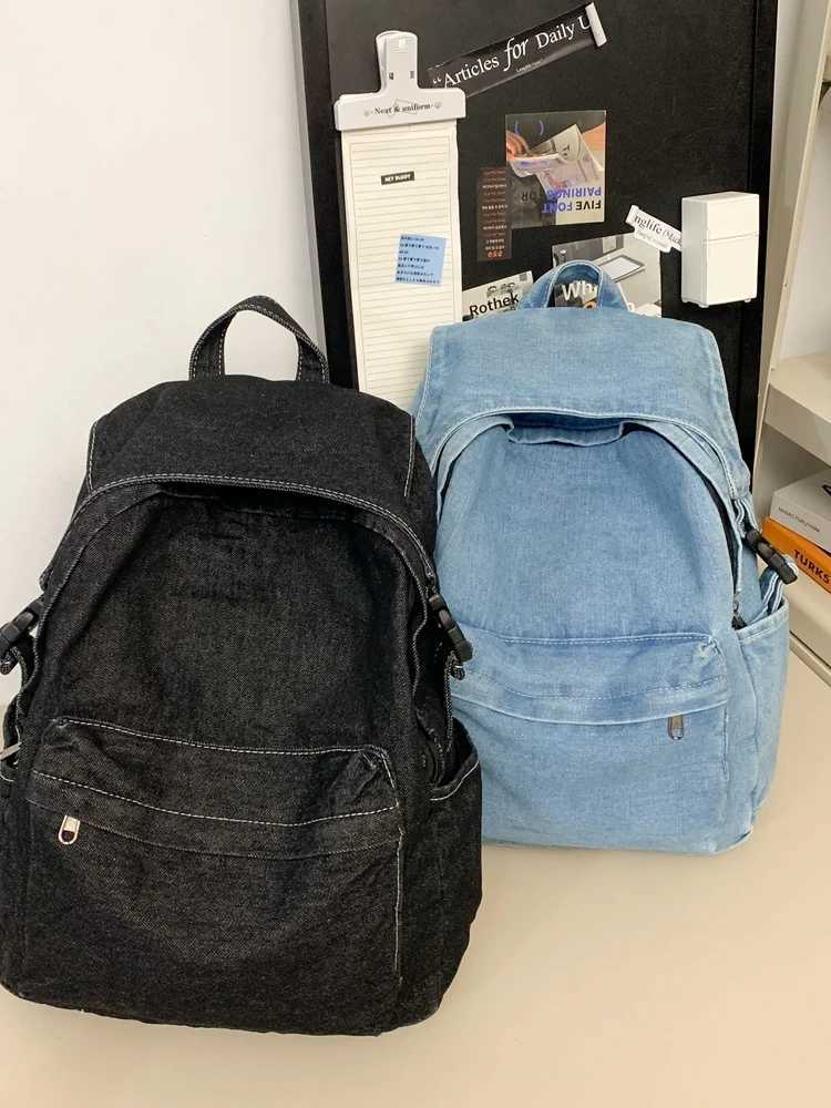 Fashion Denim Backpack Teenagers School Bag Large Capacity Stylish Shoulder Multi Pockets Travel Rucksack 241107