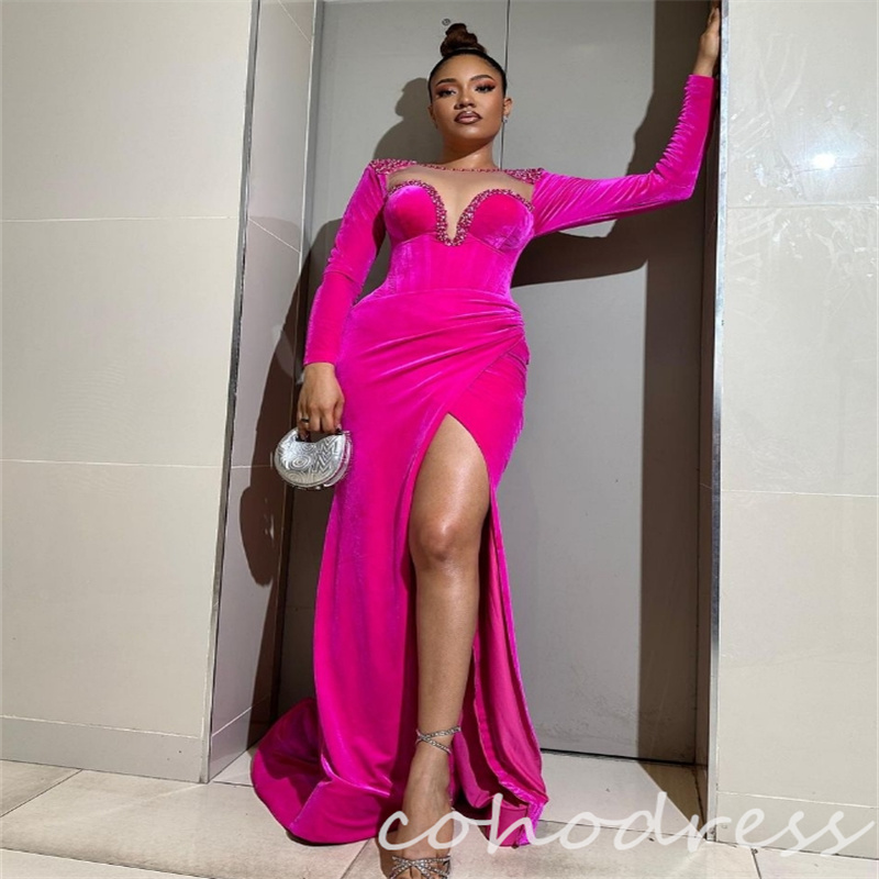Amazing Hot Pink Prom Dresses With Slit Elegant Mermaid Velvet Evening Dress Plus Size Long Sleeve Birthday Dress Beaded Engagement Special Occasion F