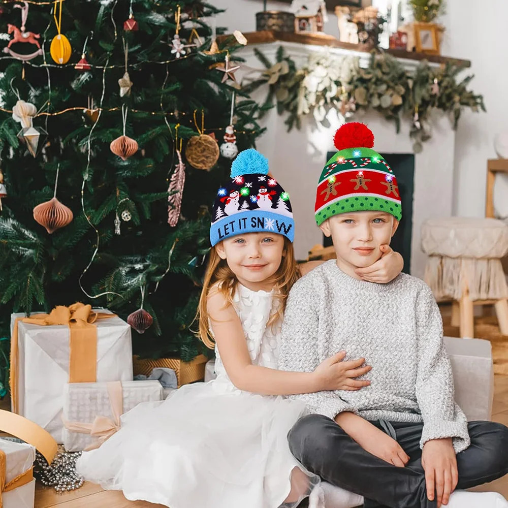 1/2/5/10/20 Christmas hats with LED lights on Beanie knitted hats winter snow hats Christmas party discounts for adults and ren 241106