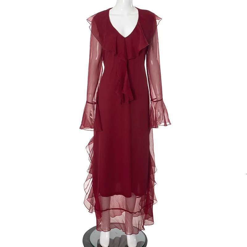 Talenza Ruffled Mesh Women's Red V-Neck Long Sleeve Elegant Maxi Skirt High Waist Vintage Patchwork Robe Party Dress
