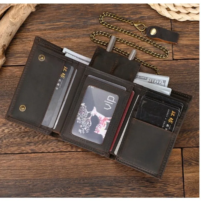Men Genuine Leather Short Wallet with Chain Zipper Clutch Wallets Male Short Trifold Purse Card Holder Change Coin Purse 2023