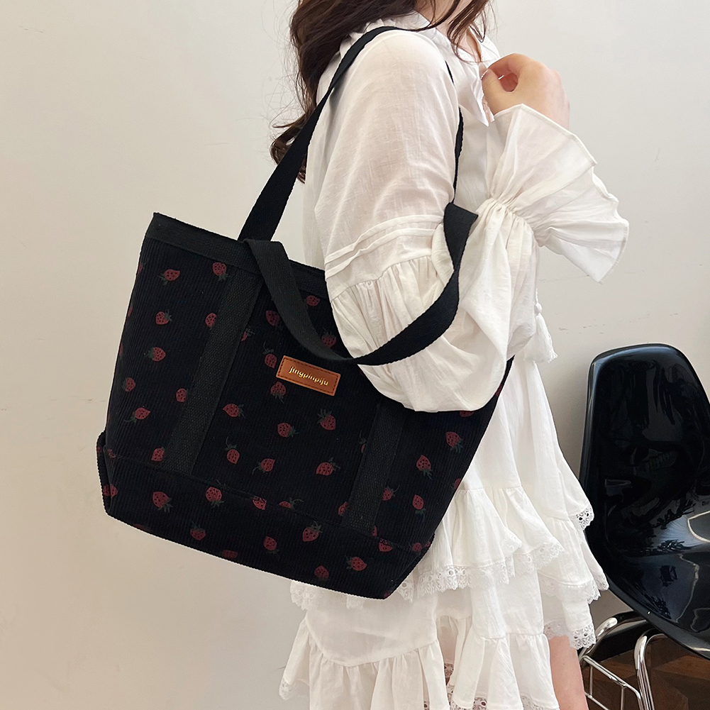 Women Strawberry Printed Shoulder Bag Large Capacity Corduroy Strawberry Pattern Underarm Bag Zipper Closure Girls Outdoor Bag