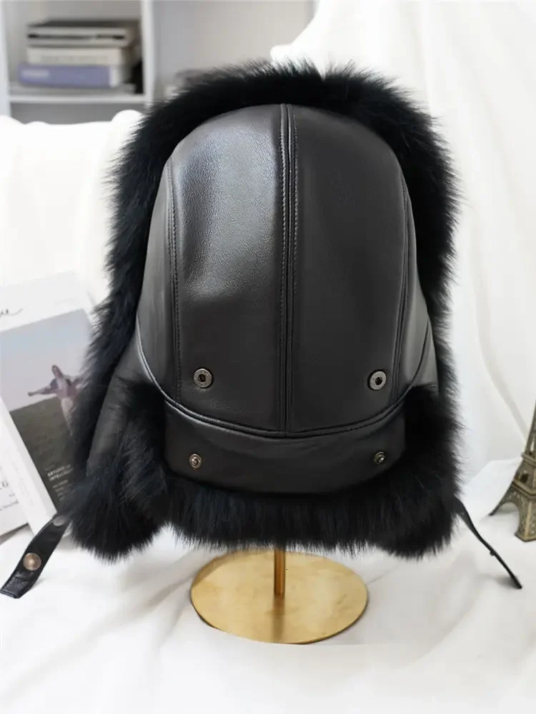 Winter Mens 100% Real Silver Fox Fur Bomber Hat Raccoon Fur Usanka Hat Catcher Russian Mens Ski Hat 241106