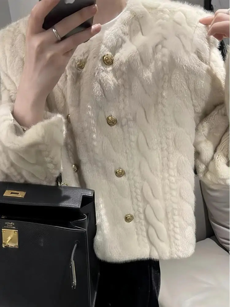 Thickened Eco-friendly Fur Coat for Women with Round Neck and Double Row Buttons Short and Loose Fit 241107