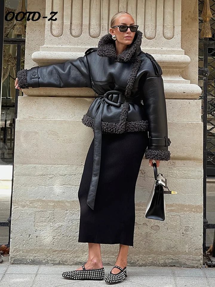 Pu leather womens jacket patch work with stand collar solid womens coat autumn winter high street thick womens coat 241107