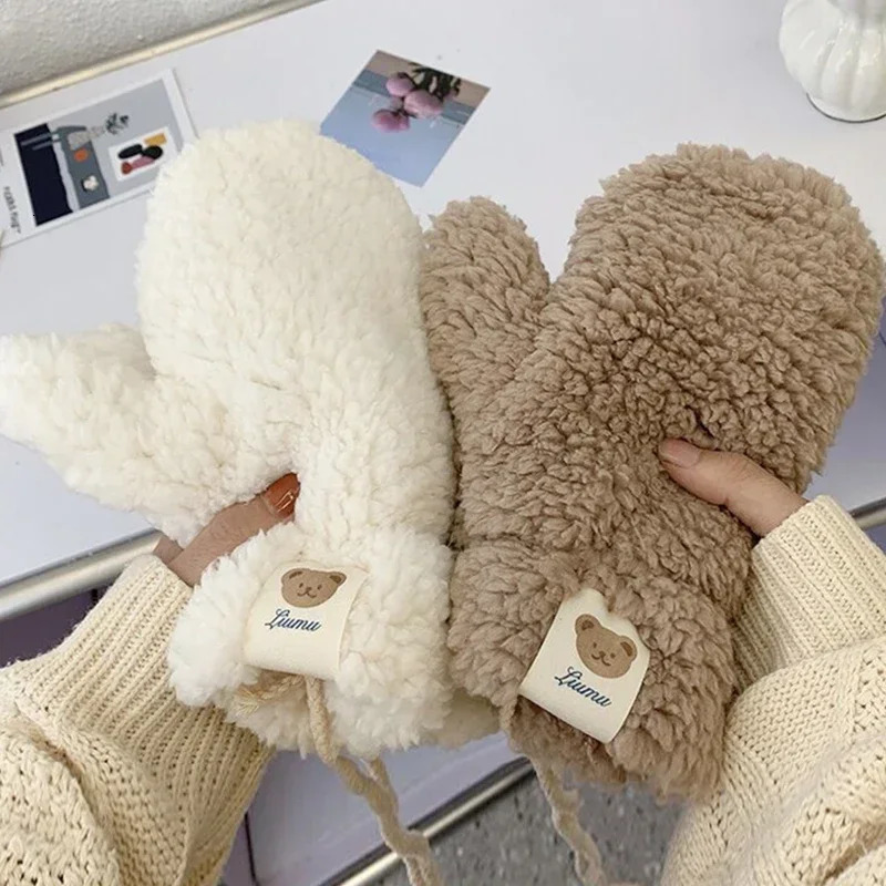 Kavay Plush Bear Winter Sticker Label Gloves Womens Casual Outdoor Riding Gloves Thick Warm Gloves 241107