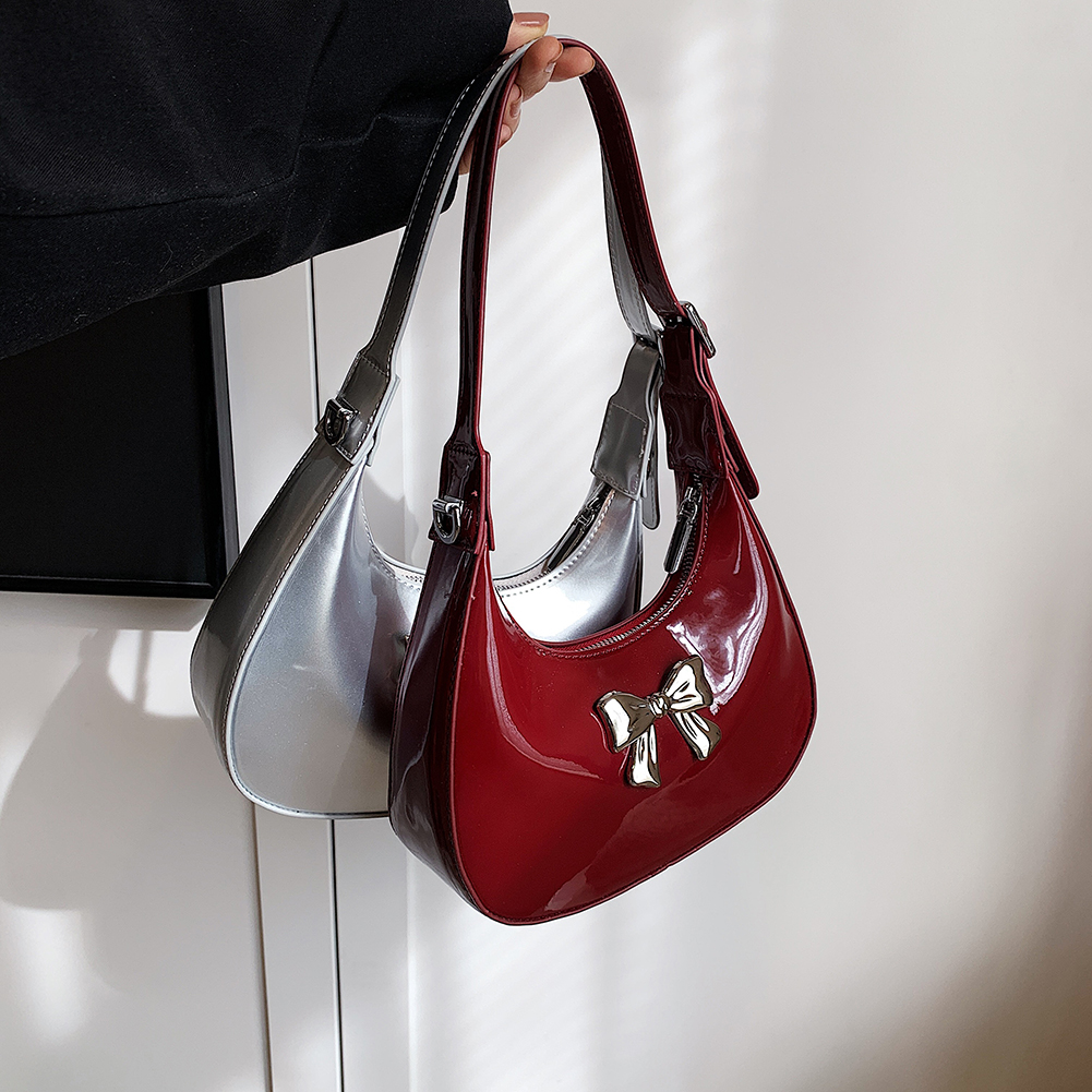 Women Chic Tote Handbag Solid Color Fashion Crescent Bag Adjustable Strap Glossy Underarm Bag Female Daily Handbag
