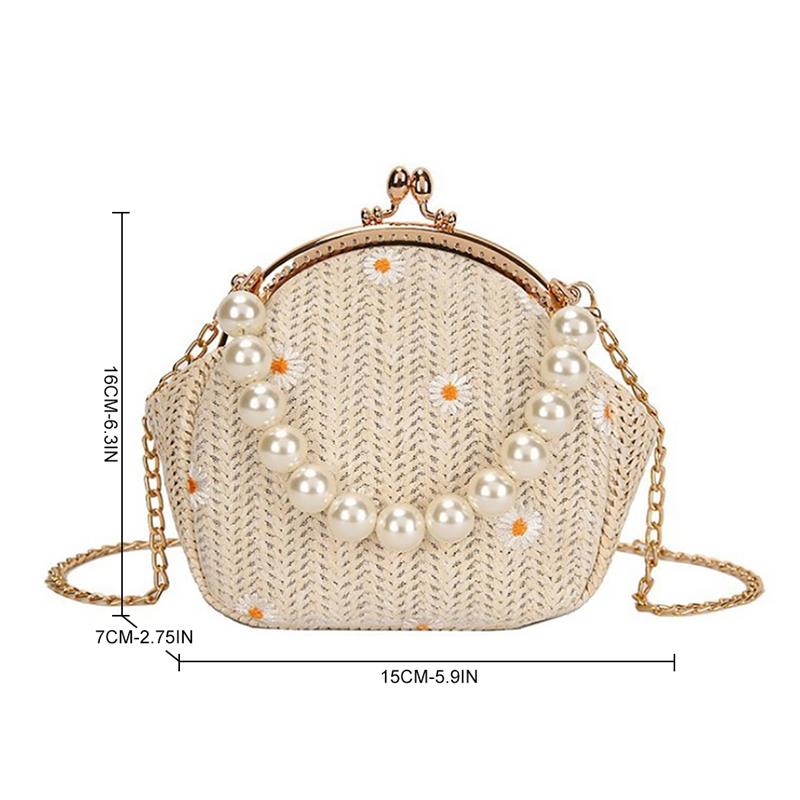 Floral Fake Pearl Top Handle Rattan Bag Shoulder Bag Small Beach HandBags Women Summer Messenger Crossbody Bags