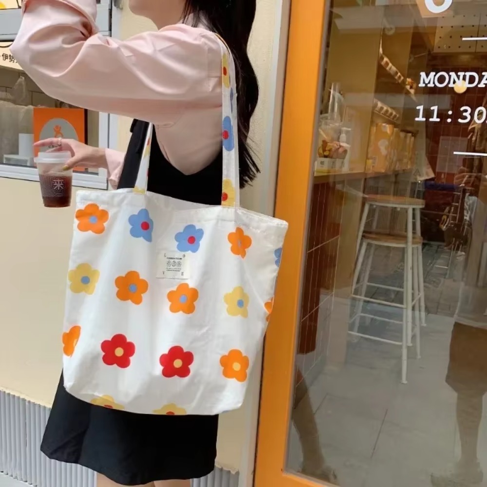 Women 2024 New Canvas Floral Shoulder Bag Large Capacity Printed Shopping Female Fashion Casual Open Handbag