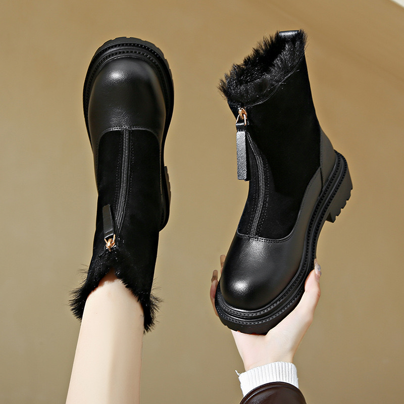 2025 new Winter New Round Toe Thick Heel Shoes Split Leather Women Zipper Short Womens Designer Boots