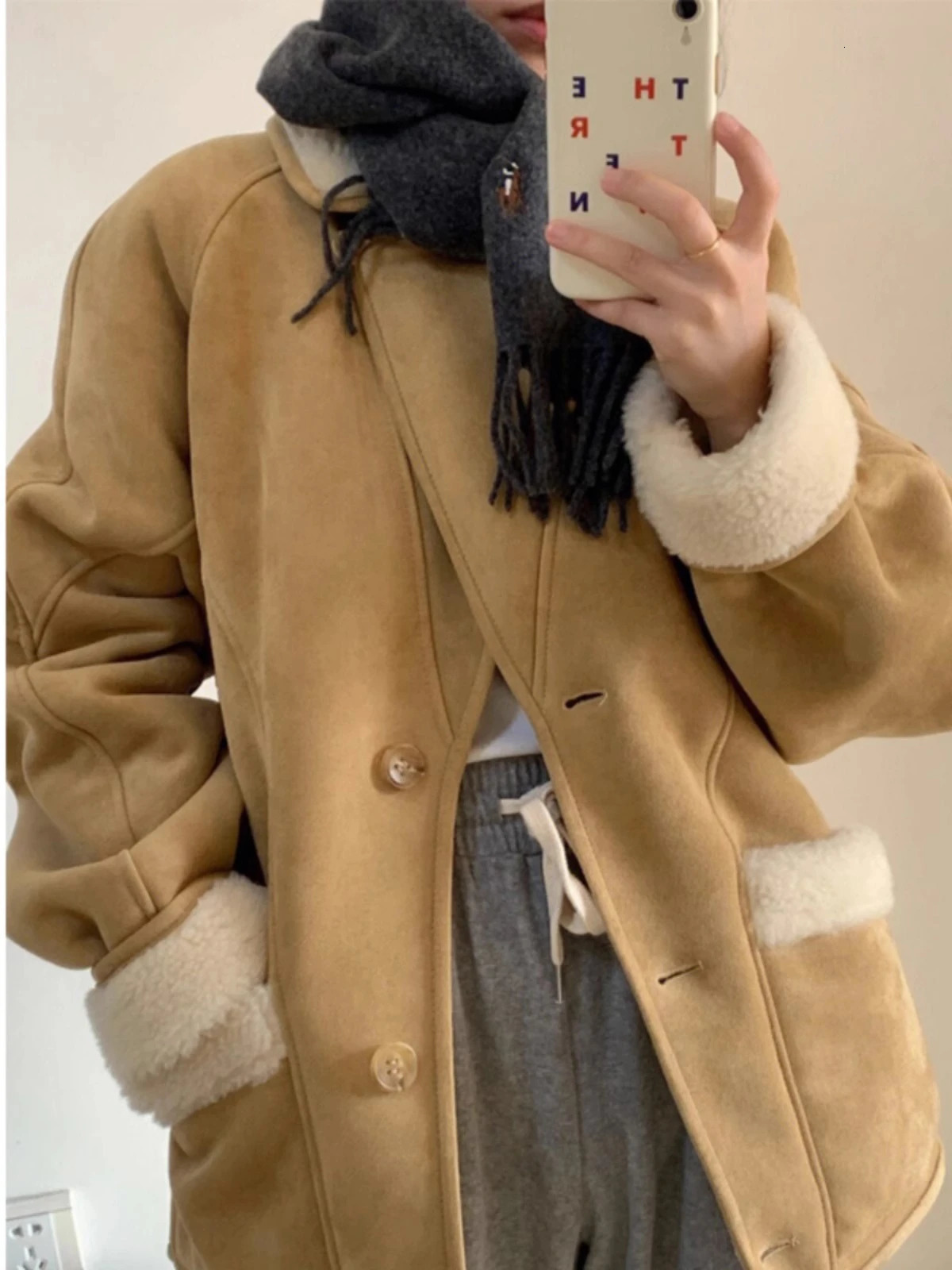 Korean version womens khaki patch work elegant wool cotton jacket winter brown long sleeved single chest loose jacket 241107