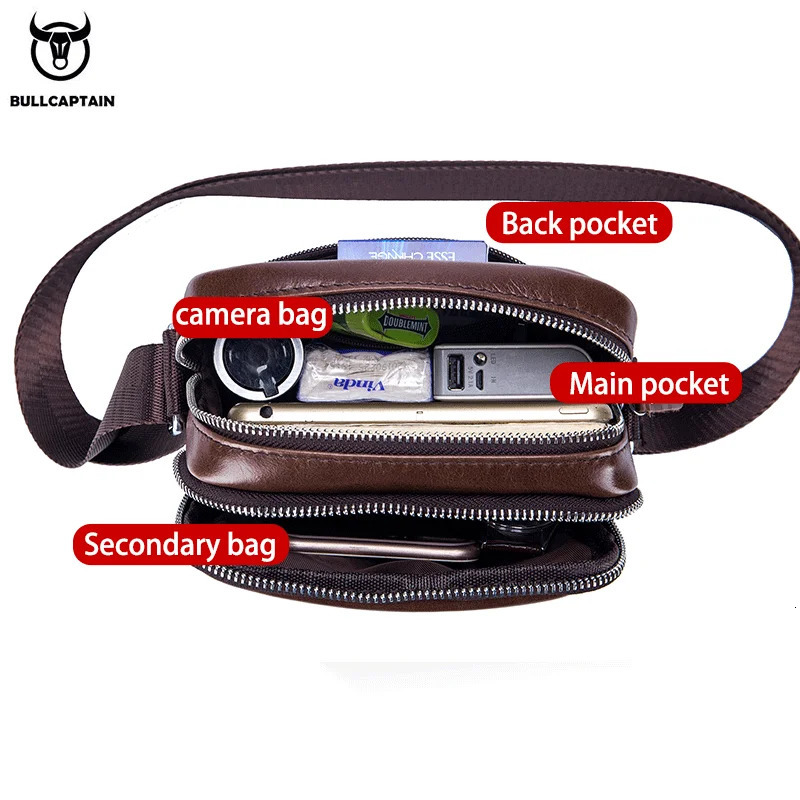 Bullcaptain Casual Mens Shoulder Bags Business Messenger Bag highQuality Cow Leather Mini Large Capacity Pocket 241106
