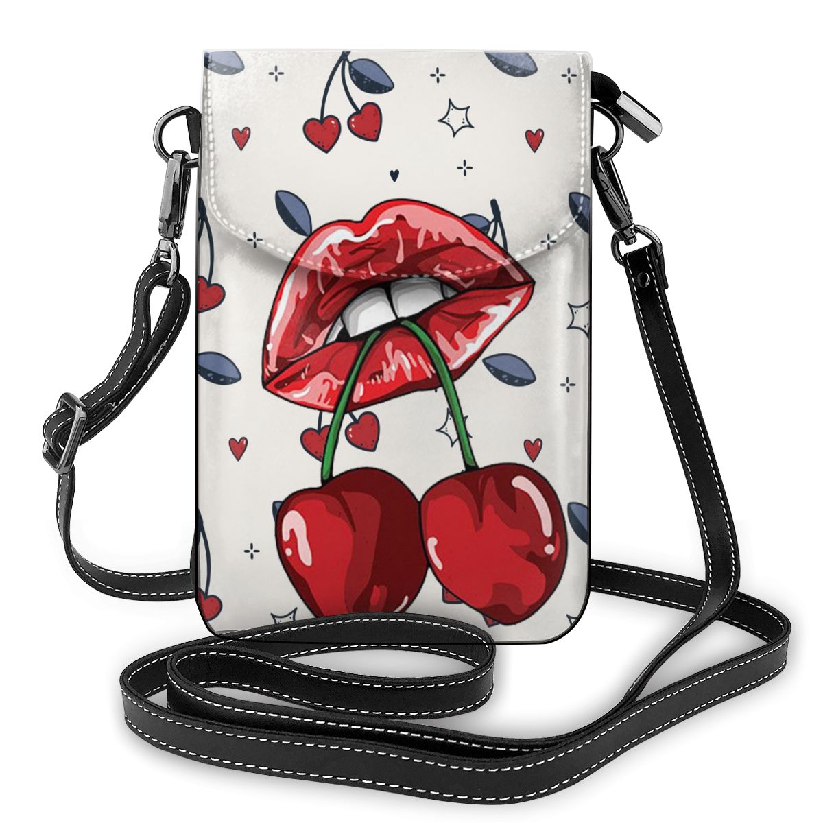 Fashion Cherry Print Mini Messenger Bag Women Adjustable Leather Strap Shoulder Pouch Cell Phone Casual Lady Handbag