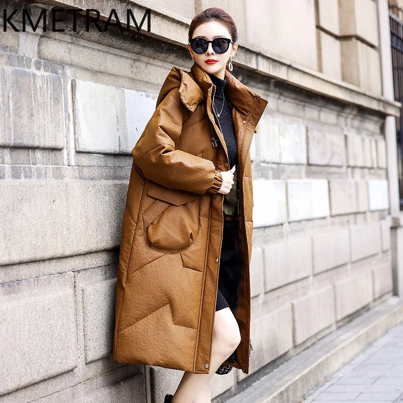 100% Sheepskin Genuine Leather Inflatable Jacket Womens Clothing Long Coat with Hoodie Winter Loose Jacket 241107