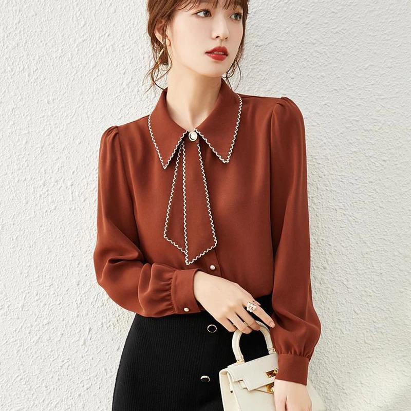 S3XL Smart Shirts Women Ribbon Cozyy Allmatch Workwear Basic Patchwork Chiffon Tender French Office Business Clothes Elegant 240407