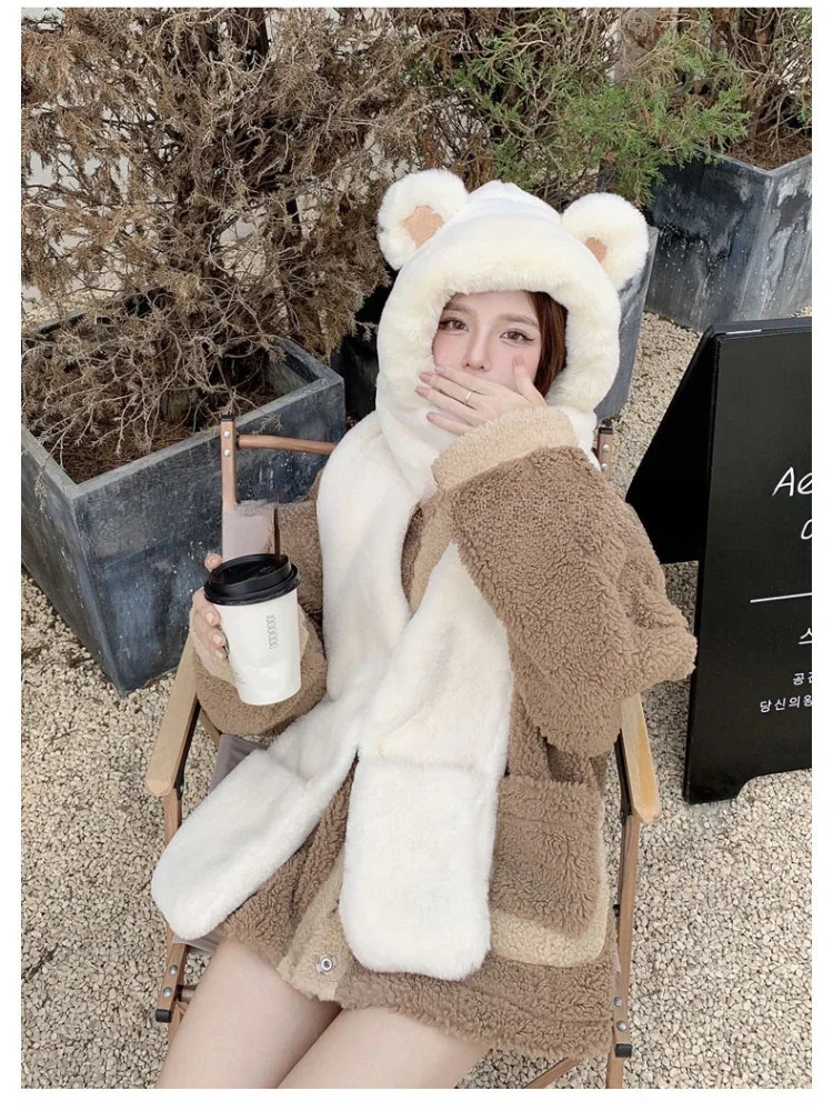 Hat scarf one-piece material womens autumn and winter bear shape warm plush gloves three piece cute hooded ear protection fashionable 241107