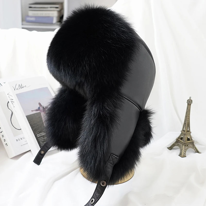 Winter Mens 100% Real Silver Fox Fur Bomber Hat Raccoon Fur Wusanka Hat Catcher Russian Mens Ski Hat Real Leather 241106