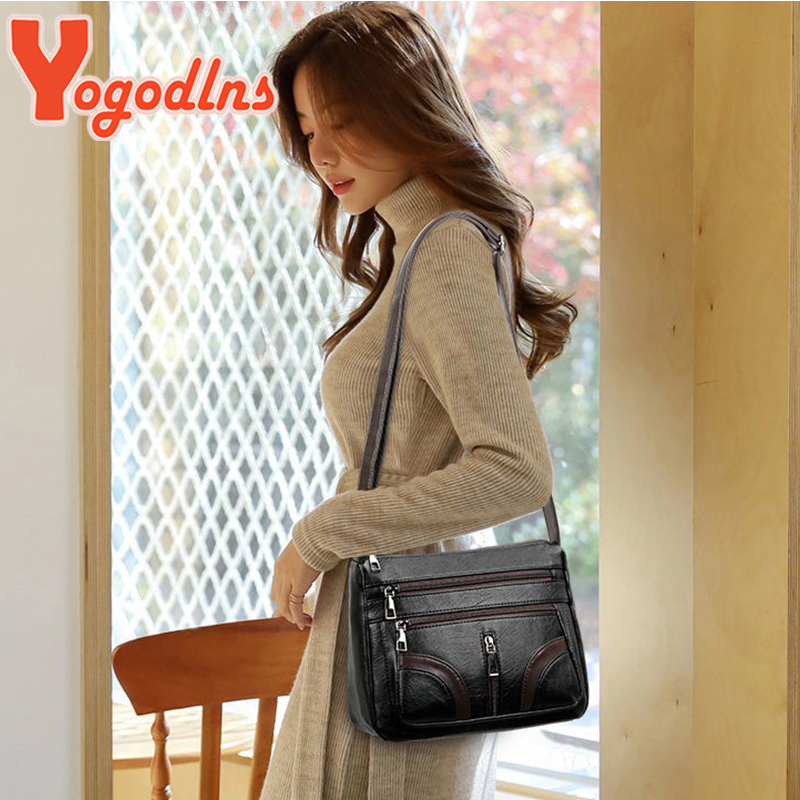 Yogodlns Vintage Shoulder Bag For Women PU Leather Crossbody Bag Multifunction Messenger Bag Small Square Bag Mommy Handbag sac