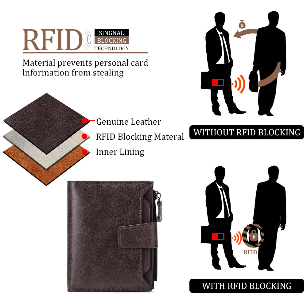 Classic Men's Vintage Genuine Leather Wallet Top Cowhide RFID Zipper Coin Purse Credit Card Holder for Men