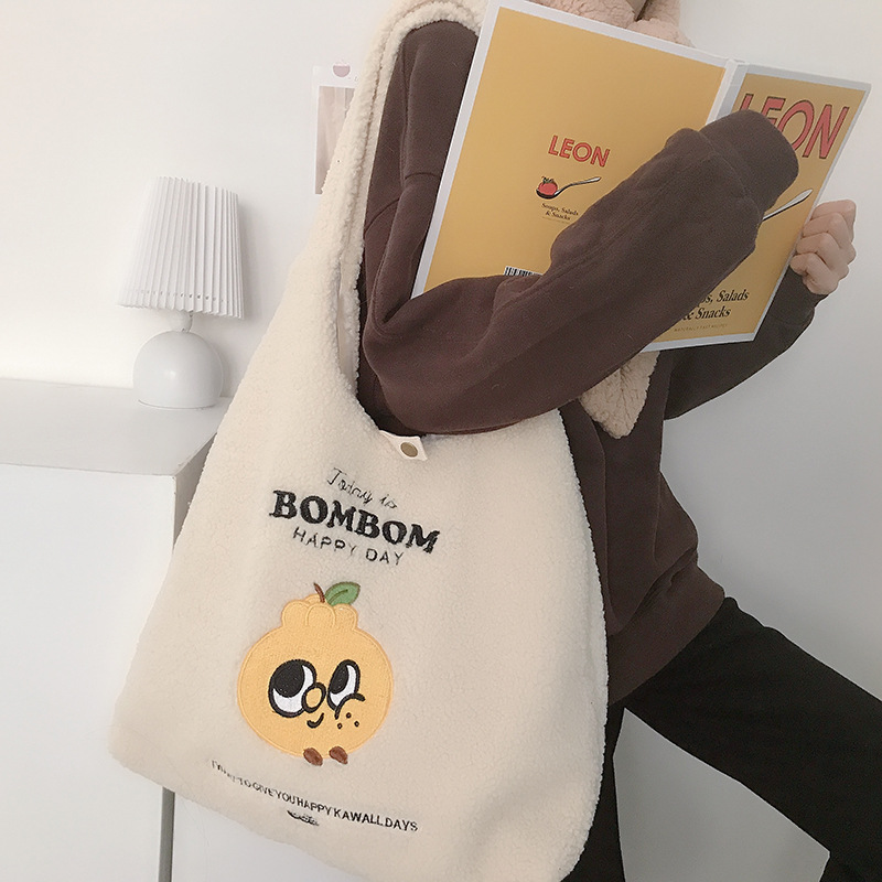 Women Berber Fleece Fabric Shoulder Bag Plush Handbag Embroidery Canvas Tote Large Capacity Shopping Bag Cute Book Bags For Girl