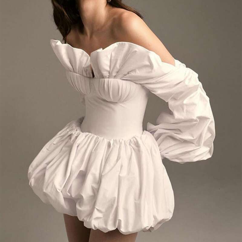 Talenza Sexy One Shoulder Mini Women's Fashion Solid Puff Sleeve Slim Short High Waist Pleated Strapless Party Dress