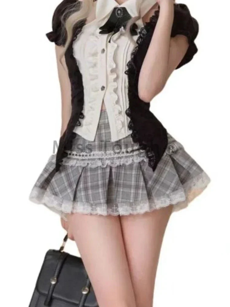 Fashion Sweet Slim Short Sleeve 2 Piece Set Women Chic Lapel Bow Patchwork Tops High Waist Thin Plaid Short Skirt 241107