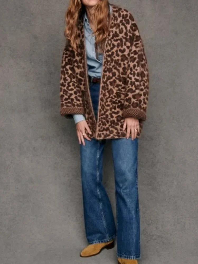 Fashion Leopard Print Mohair Knit Cardigan Women Casual Loose Pockets Long Sleeve Sweater 2024 Lady Front Open Commute Tops 241107