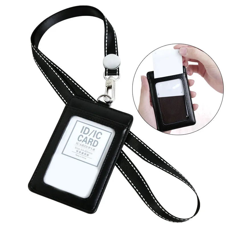 Employee's Pass Access Bus Card Cover Case Badge Sleeve Holder Bag Leather ID Name Badge Holder Credit Card Bag with Lanyard