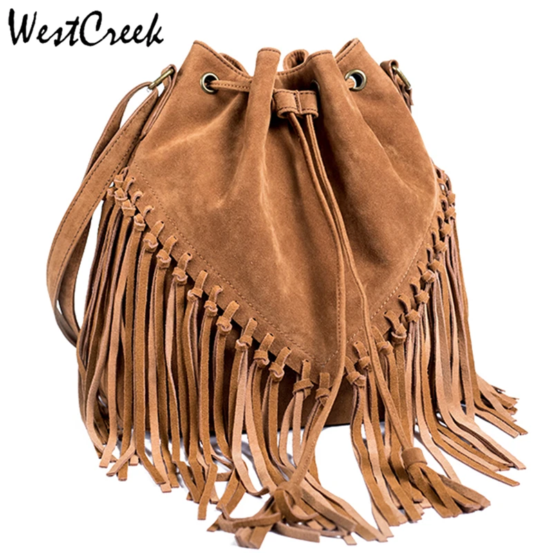 WESTCREEK Brand Faux Suede Leather Women Handmade Tassel Messenger Shoulder Bag Vintage Matte Lady Drawstring Bucket Bag