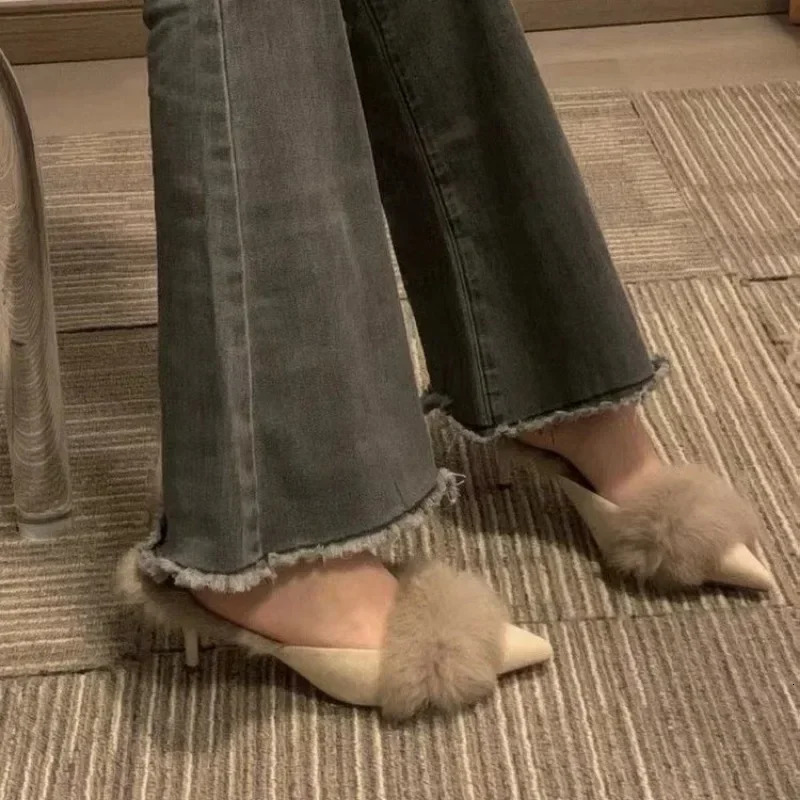 Women High Heel Shoes Fur Slippers Mules Pointed Toe Furry Slides Fashion Elegant er Flip Flops Office Pumps 241106