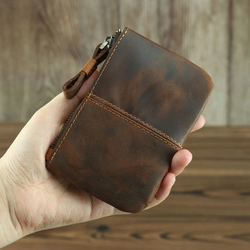 Vintage Crazy Horse Leather Men Coin Purse Retro Key Holder Small Money Bag Clutch Bag Genuine Leather Zipper Coin Wallet