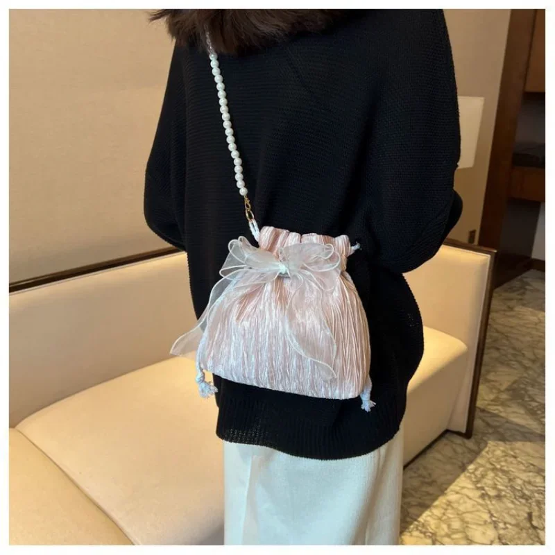 Lace Bow Bucket Crossbody Bags for Women Fashion Sweet Pearl Beading Pouch Ins Ladies Shoulder Handbags All-match Fairy Simple