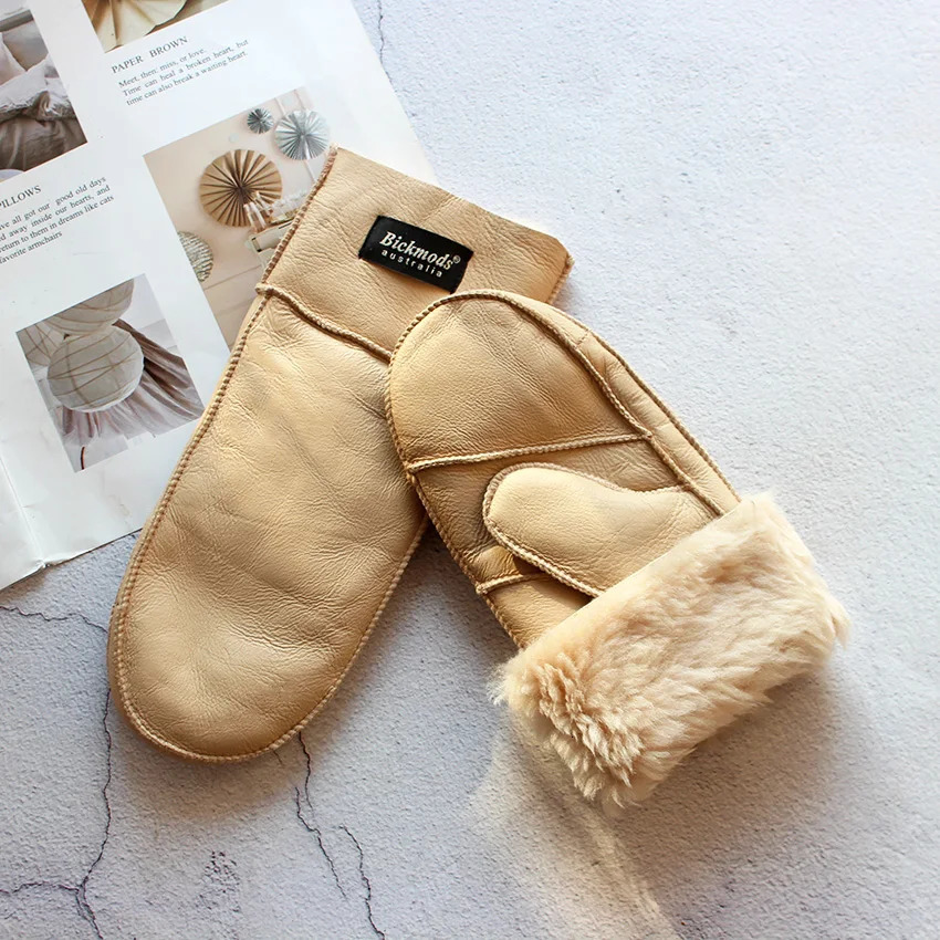 Sheepskin gloves womens fur color winter warmth thick outdoor boys and students windproof gloves 241106