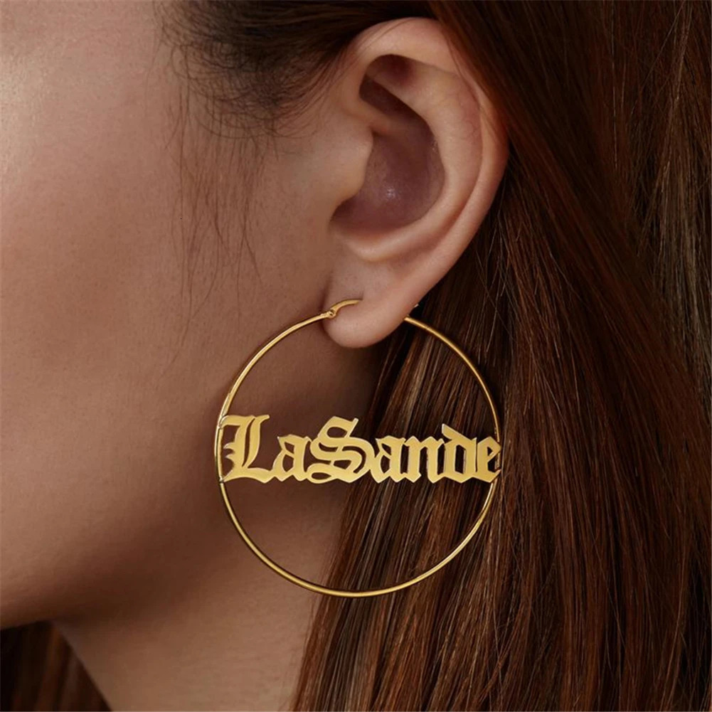 YHUISO Personalized Gothic Stainless Steel Customized Name Flower Emblem Circular Ring Earrings Female Friend Name Jewelry 241106