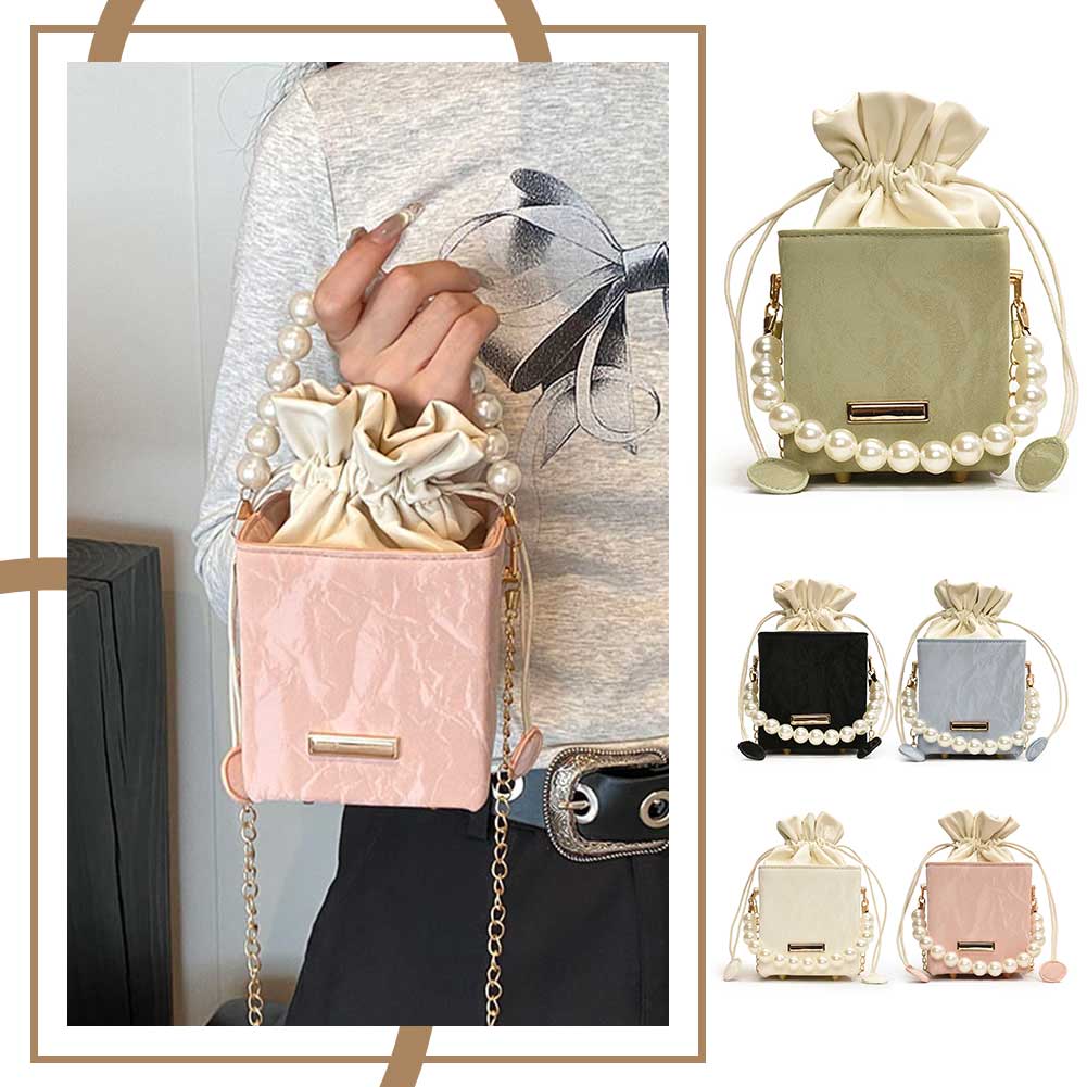 Women PU Chic Crossbody Bag Large Capacity Drawstring Shoulder Handbags Chain Strap Small Square Bag for Party Vacation