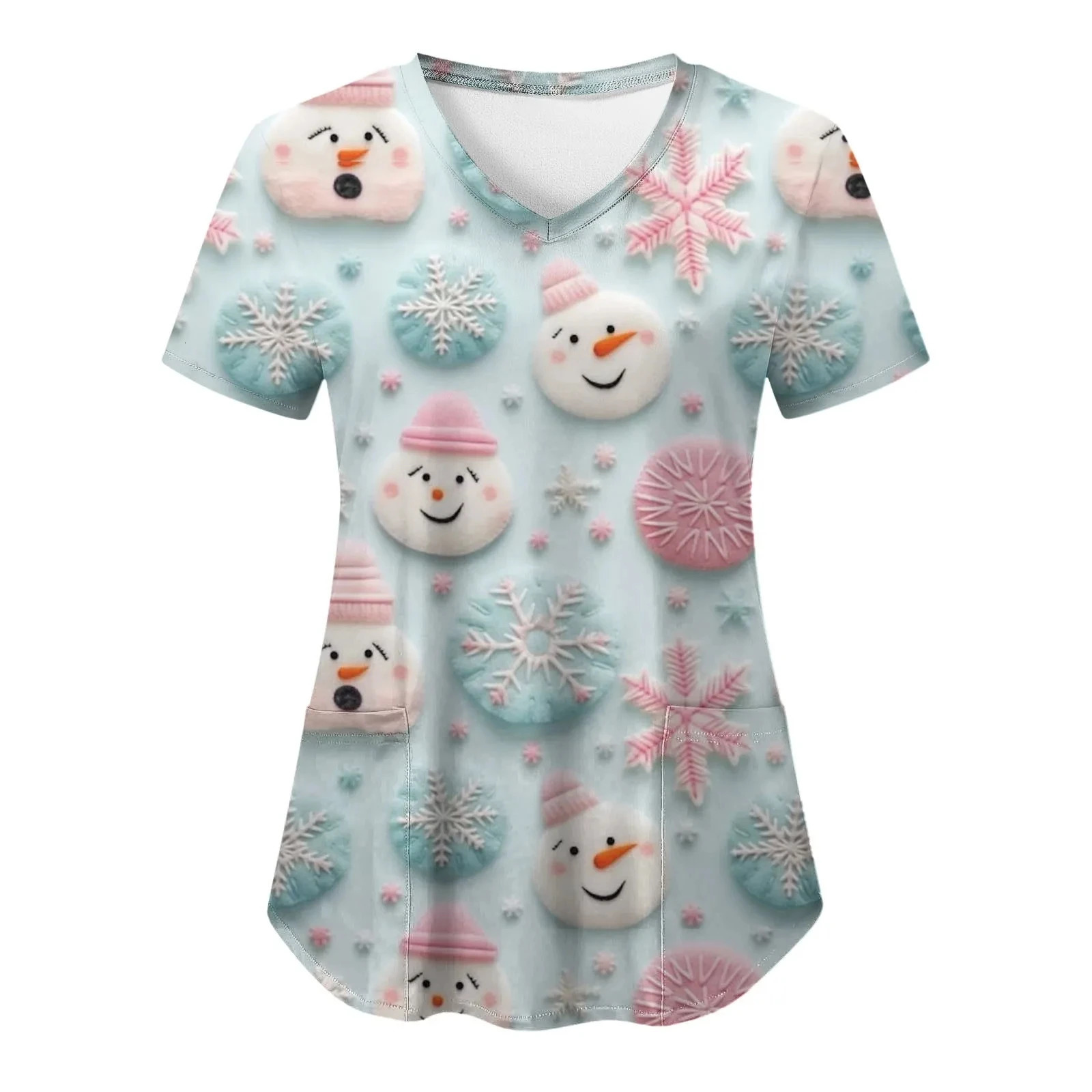 Christmas Clinical Uniform Woman Santa Claus Cartoon Print Dental Scrub Tops VNeck Short Sleeve with Pocket Nurse 241029